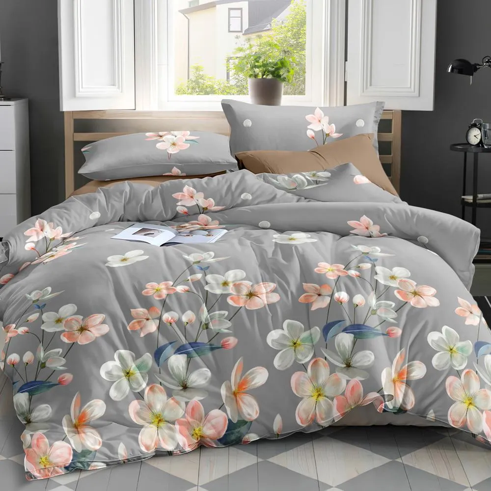 Quilt Cover Set Queen Bed Doona Duvet Reversible Sets Flower Pattern Grey