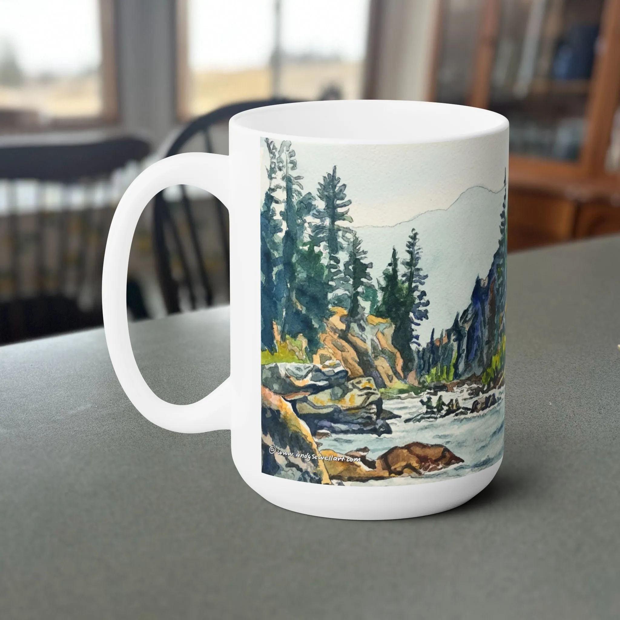 "Middlefork Splashes" Andys painting on a stout 15 oz. mug, Fine Art Mug,