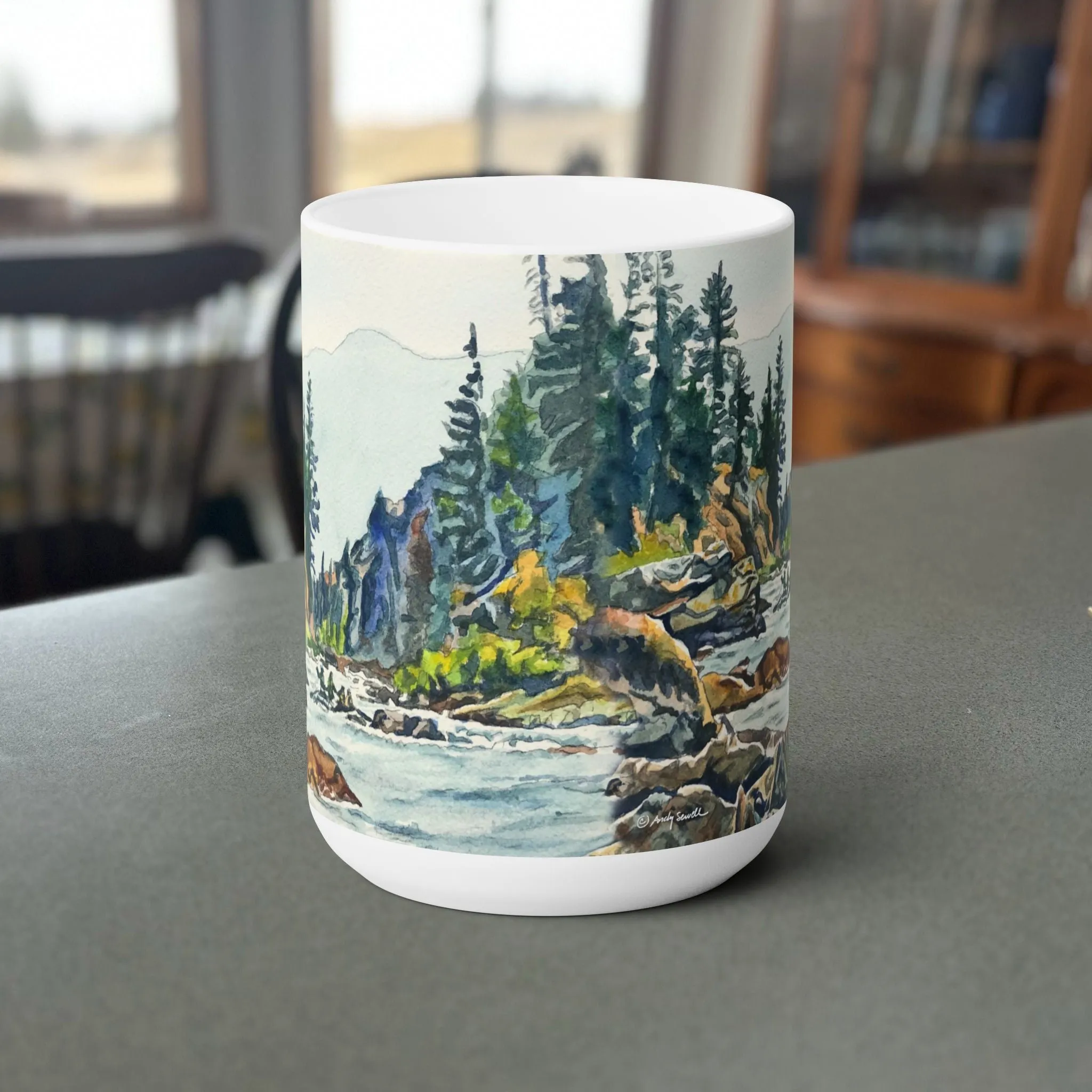 "Middlefork Splashes" Andys painting on a stout 15 oz. mug, Fine Art Mug,