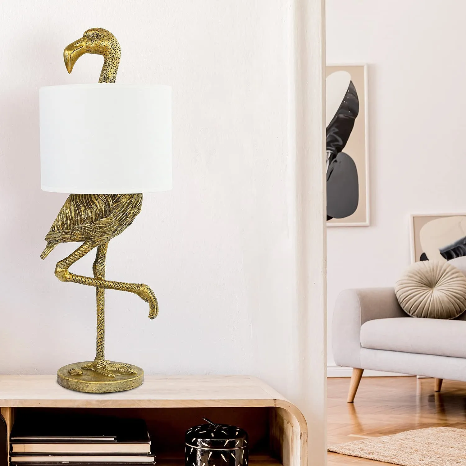 Resin Flamingo Table Lamp with Linen Shade, Gold Finish