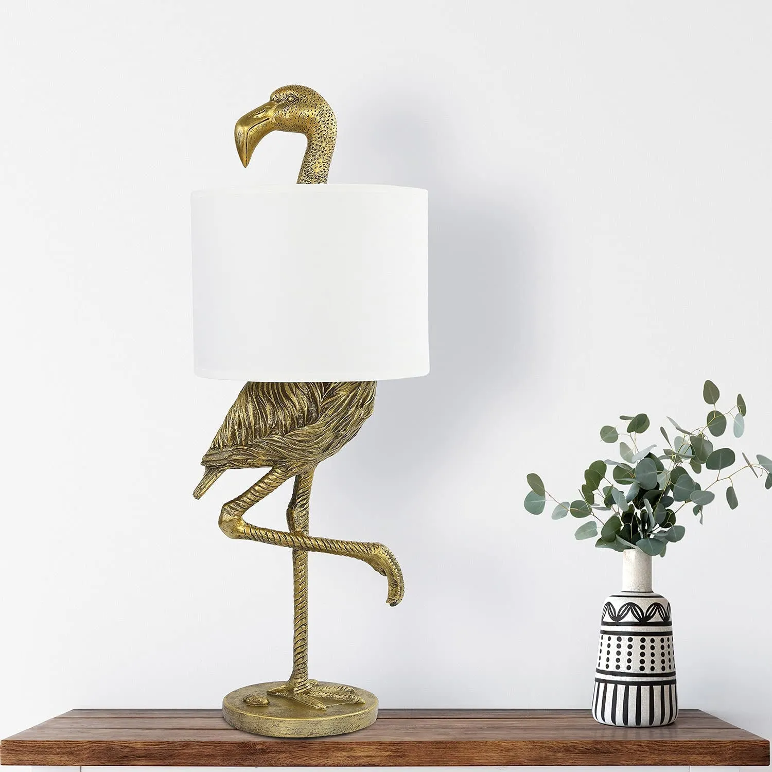 Resin Flamingo Table Lamp with Linen Shade, Gold Finish