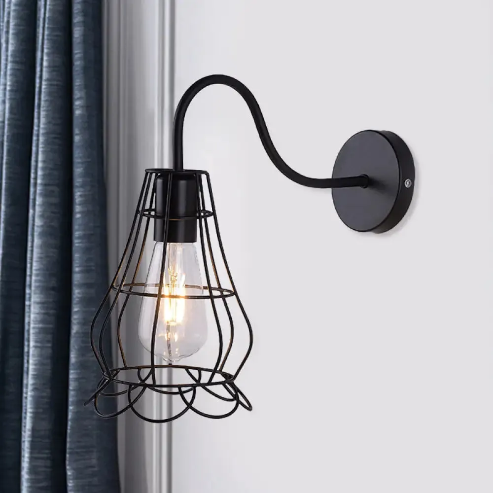 Retro Style Metallic Black Sconce Light with Wire Cage Shade - Bedside Wall Mount