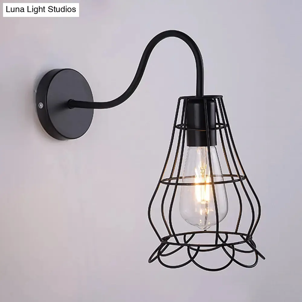 Retro Style Metallic Black Sconce Light with Wire Cage Shade - Bedside Wall Mount