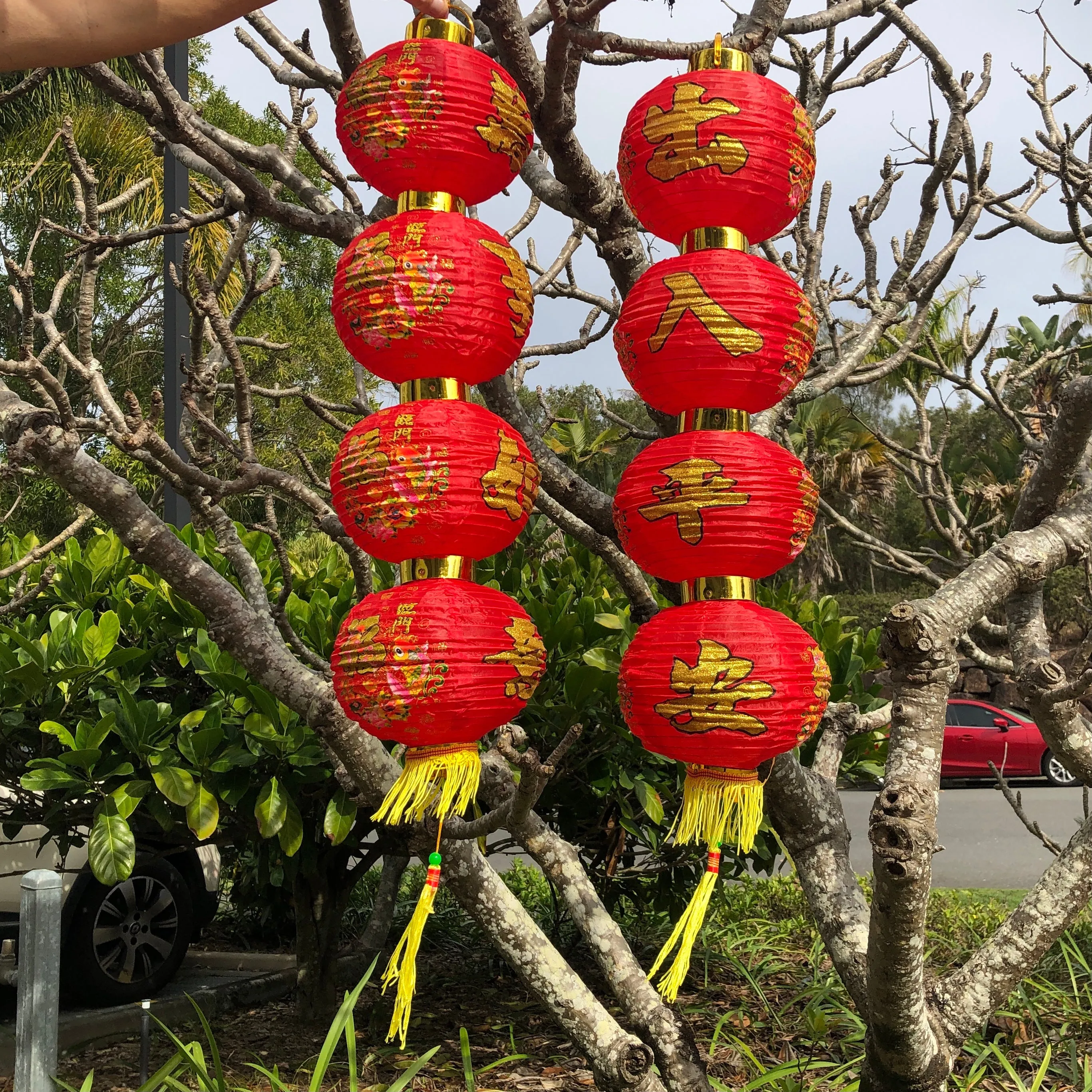 Set of 2 - Lucky Fish Red Chinese Column Lanterns (95cm)