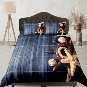 Ship wheel helm starfish wood coastal grandma duvet cover nautical bedding set full queen king, aesthetic beach ocean lover gift seaman