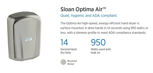 Sloan® Optima® Air EHD-702-BN Hand Dryer - "Brushed Nickel" (Satin Stainless Steel) High Speed Automatic Surface Mounted ADA-Compliant (208V-277V)