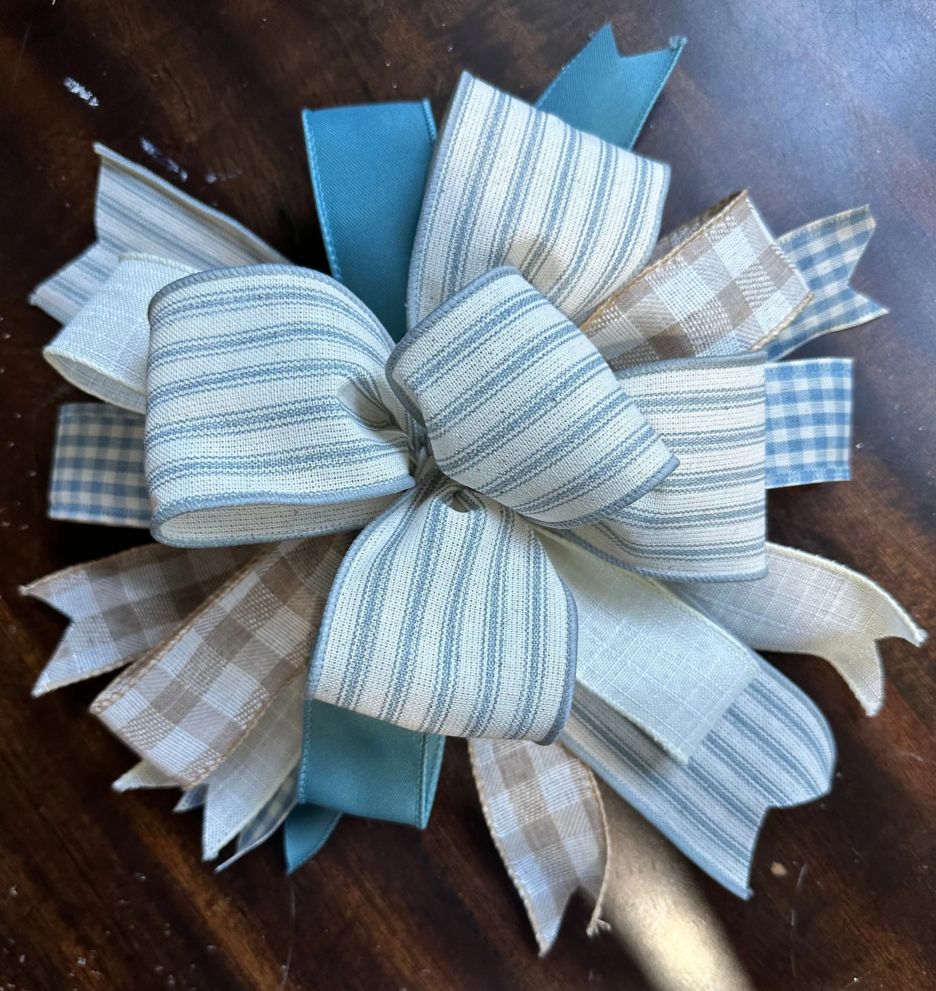 Smoke Blue Linen Ticking Stripe Ribbon Farmhouse Handmade Alligator Clip-on Bow - 12"x12"