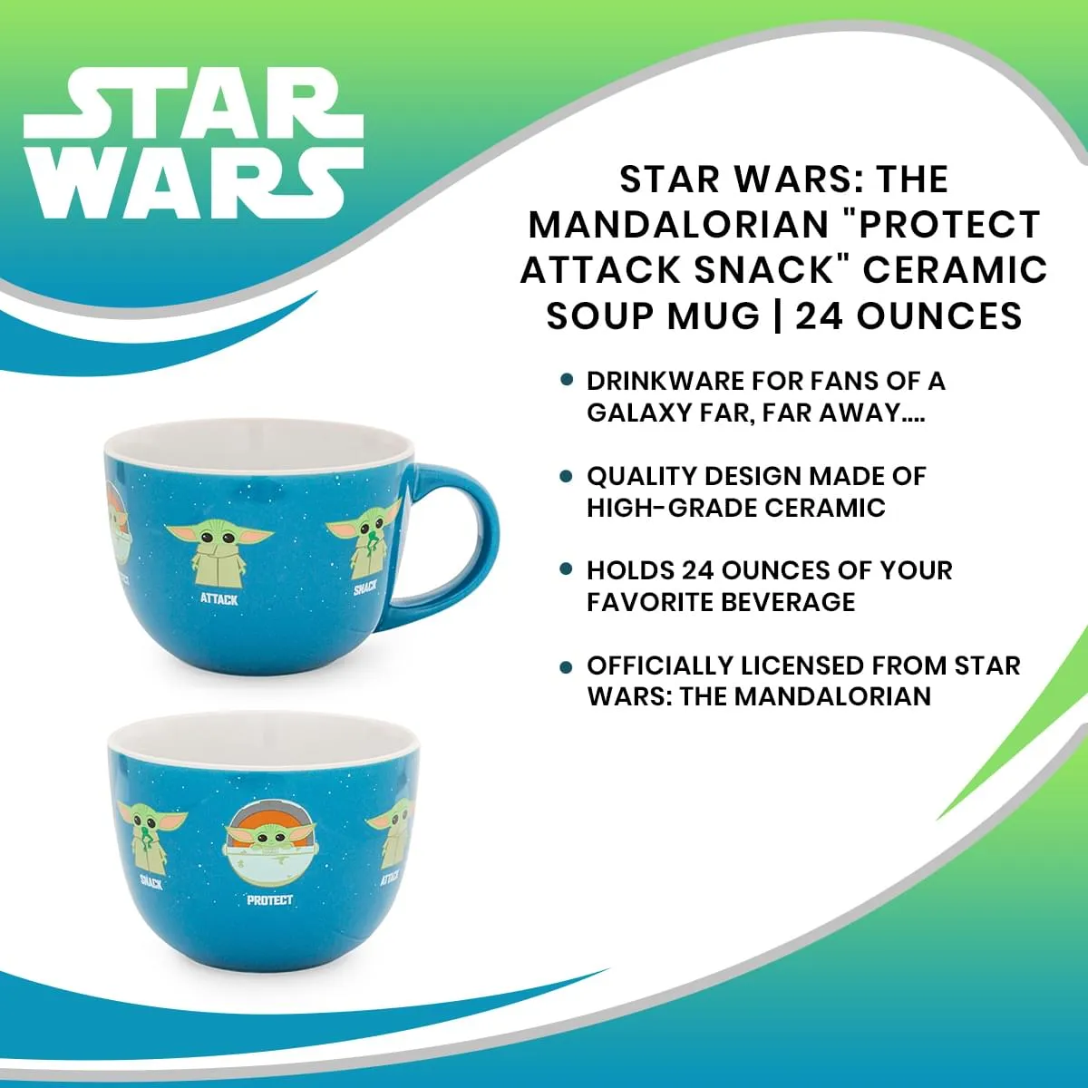 Star Wars: The Mandalorian "Protect Attack Snack" Ceramic Soup Mug | 24 Ounces