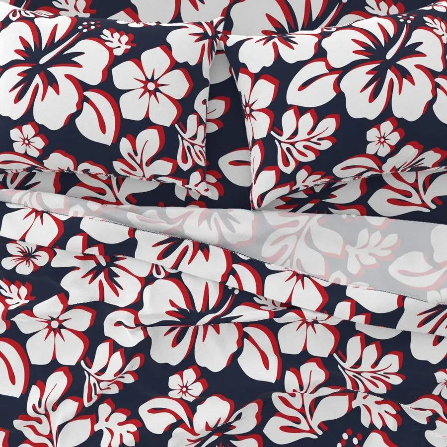 Surfer Red, White and Navy Blue Hawaiian Flowers Sheet Set Surfer Bedding™️ Medium Scale