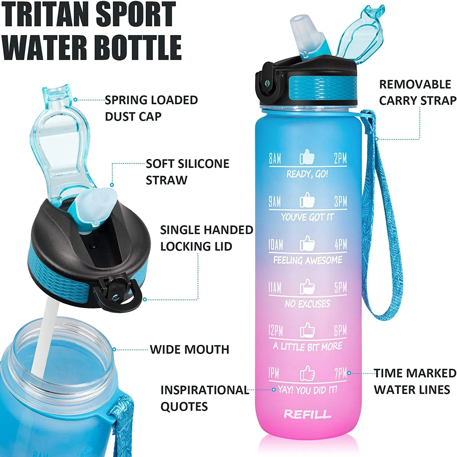 Unbreakable Water Bottle with Motivational Time Marker 1000 ml Bottle