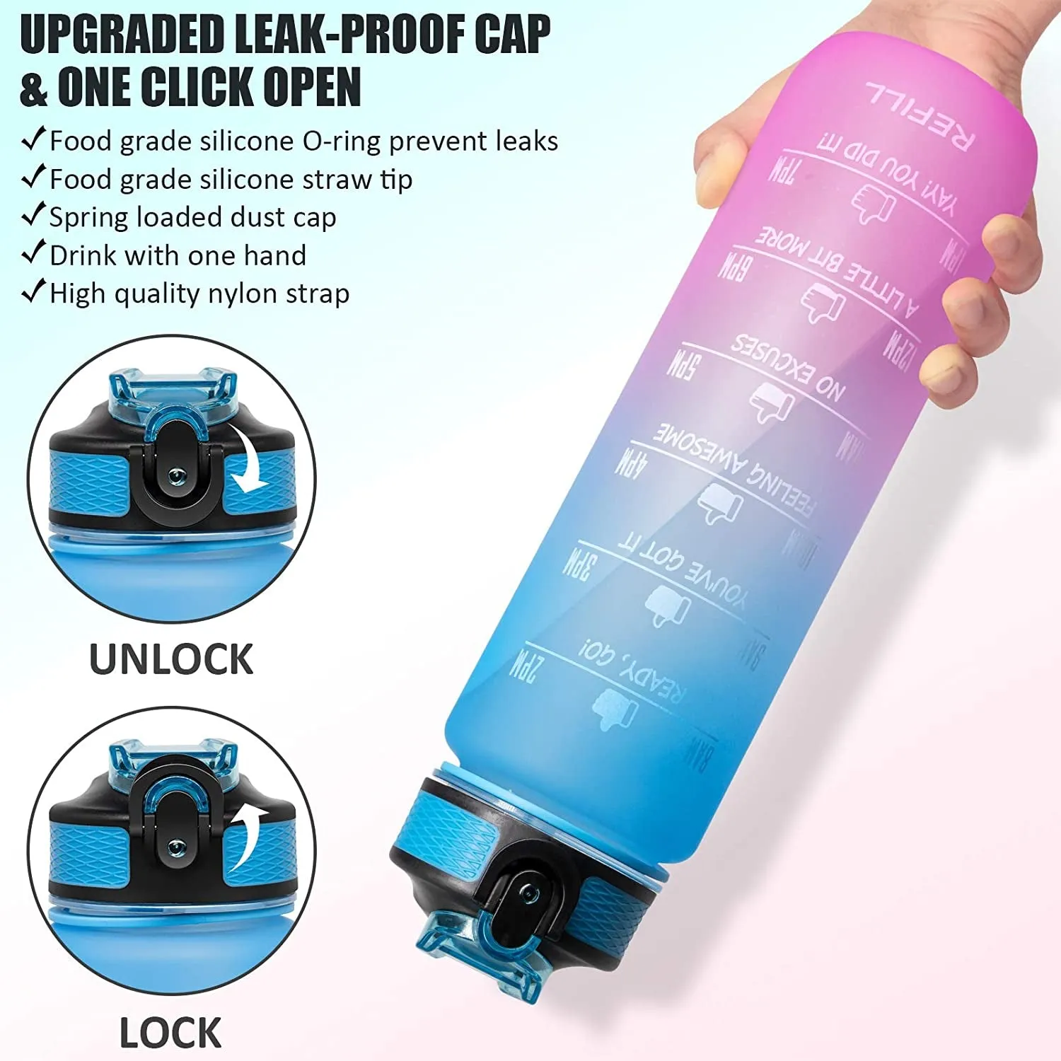 Unbreakable Water Bottle with Motivational Time Marker 1000 ml Bottle