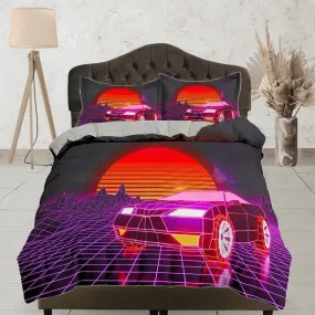 Vaporwave Retro Car in Sunset Bedding, Cool Hippie Duvet Cover Set for Boys Bedroom, Trippy Psychedelic Bed Cover, King Queen Full Twin Bed