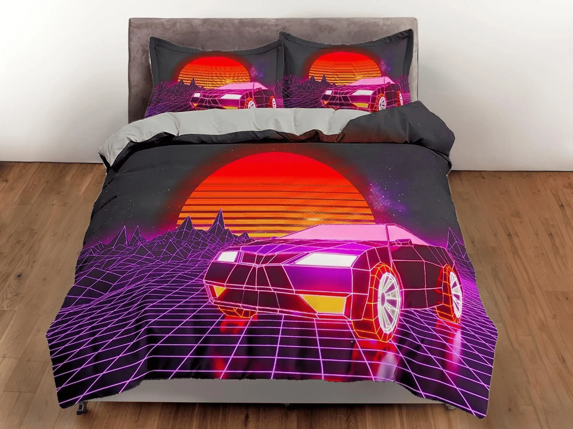 Vaporwave Retro Car in Sunset Bedding, Cool Hippie Duvet Cover Set for Boys Bedroom, Trippy Psychedelic Bed Cover, King Queen Full Twin Bed