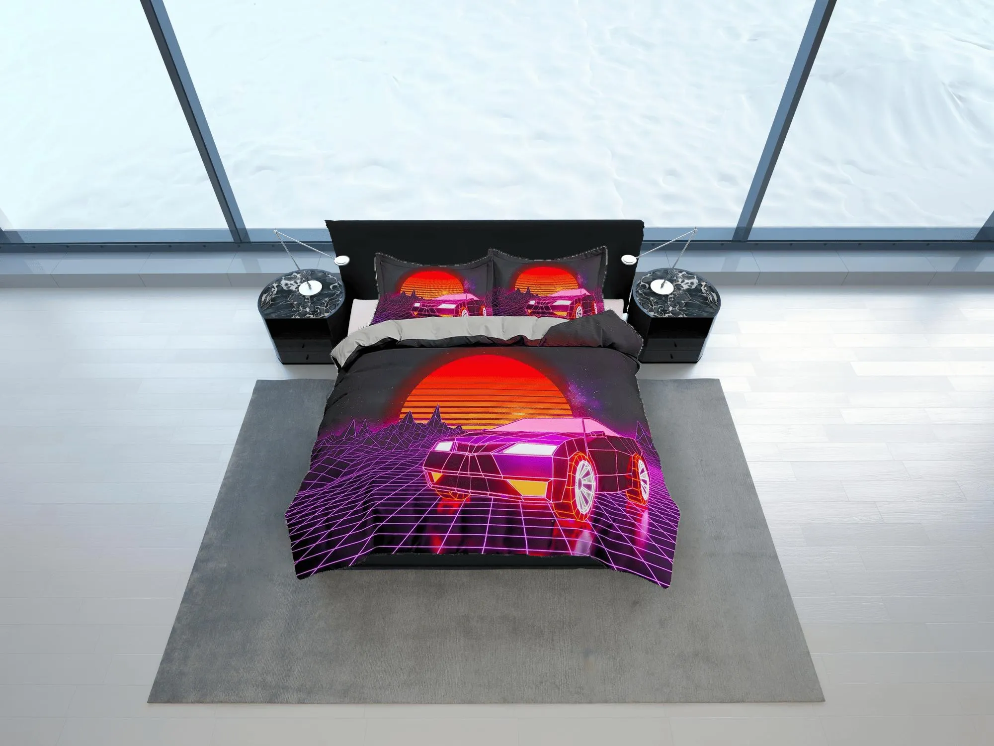 Vaporwave Retro Car in Sunset Bedding, Cool Hippie Duvet Cover Set for Boys Bedroom, Trippy Psychedelic Bed Cover, King Queen Full Twin Bed