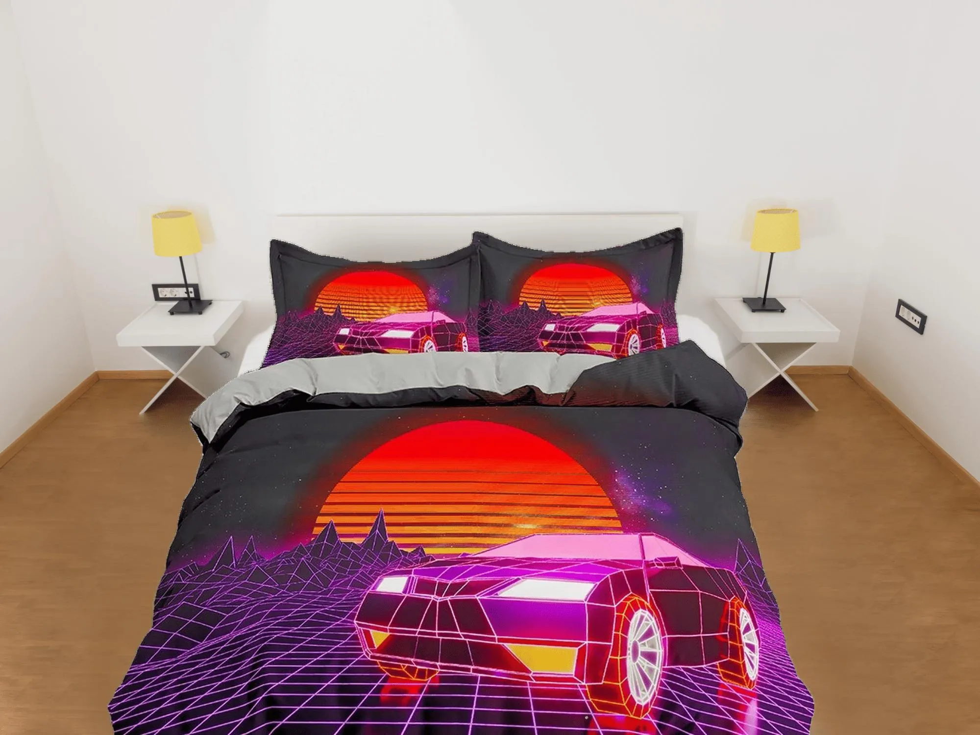 Vaporwave Retro Car in Sunset Bedding, Cool Hippie Duvet Cover Set for Boys Bedroom, Trippy Psychedelic Bed Cover, King Queen Full Twin Bed