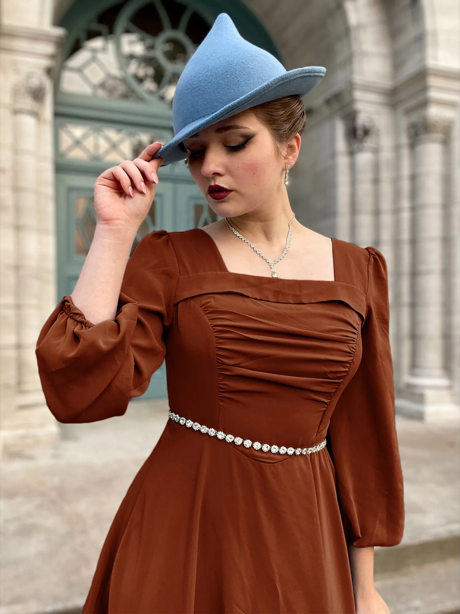 Vintage Fans Look of Square Neck Dress Long Sleeve Above Knee A-Line Dress