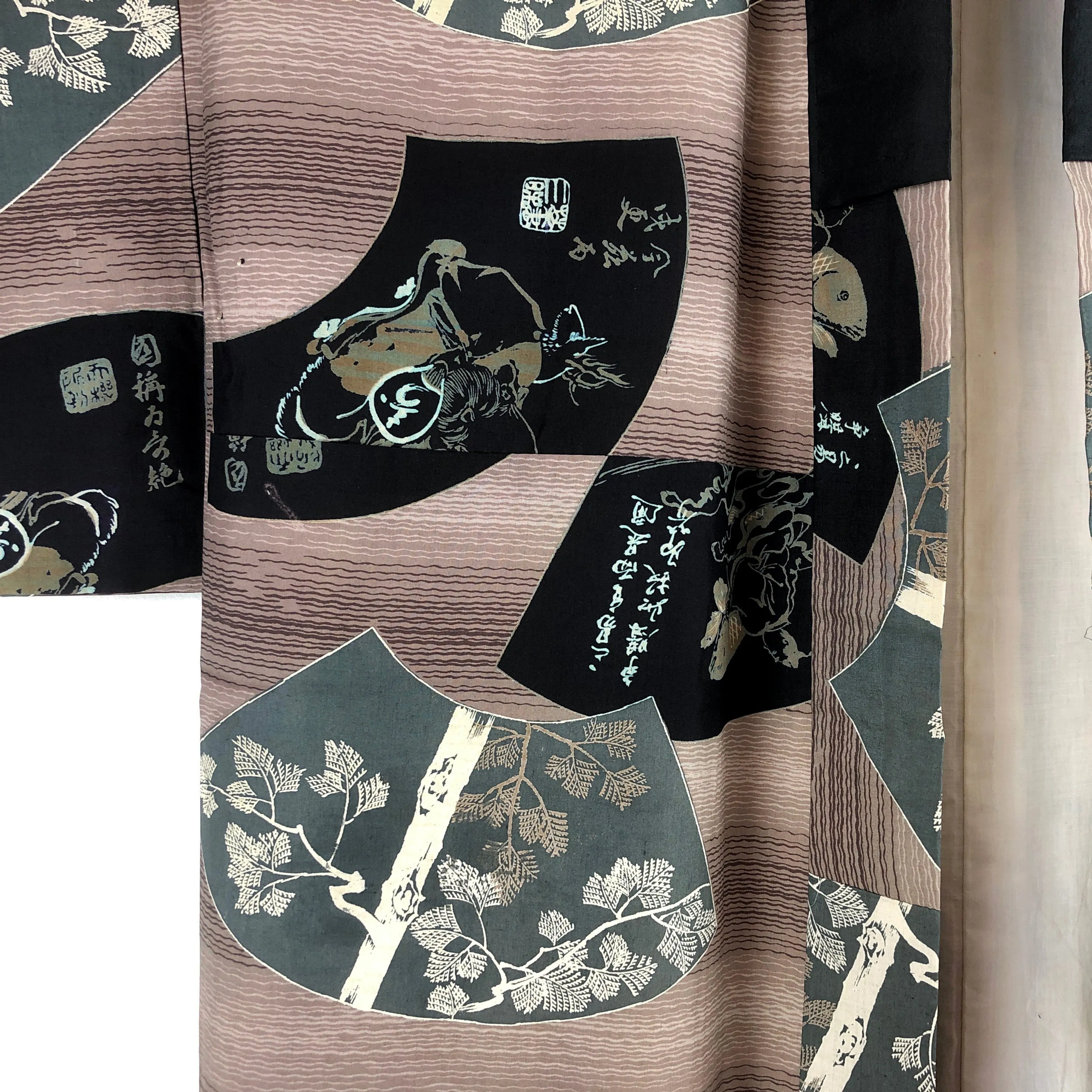 Vintage Japanese Kimono Cotton Fans Motif Yukata Long Kimono