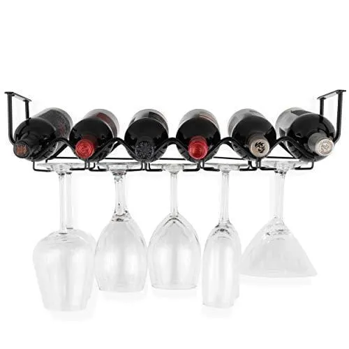 Wallniture Piccola Under Cabinet Wine Rack & Glasses Holder, Kitchen Organization with 6 Bottle Organizer Metal Black