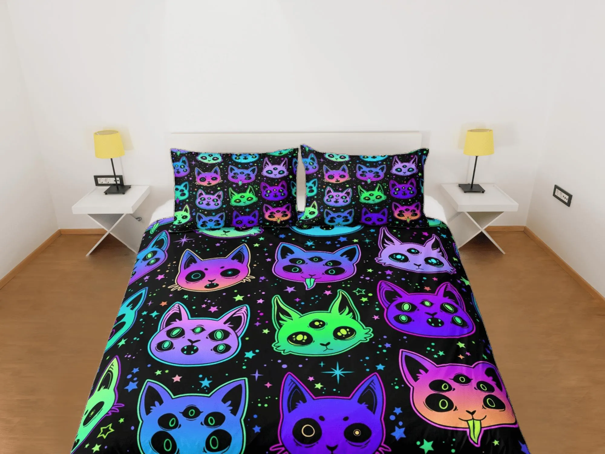 Witchy cat 90s neon halloween bedding hippie retro duvet cover set, colorful dorm bedding, teens bedroom, adult duvet, toddler bedding