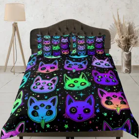 Witchy cat 90s neon halloween bedding hippie retro duvet cover set, colorful dorm bedding, teens bedroom, adult duvet, toddler bedding