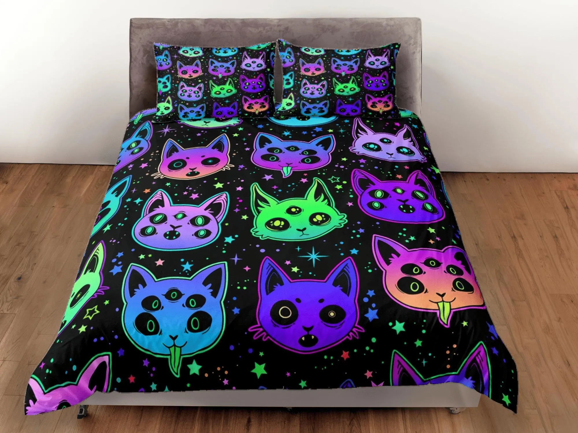 Witchy cat 90s neon halloween bedding hippie retro duvet cover set, colorful dorm bedding, teens bedroom, adult duvet, toddler bedding