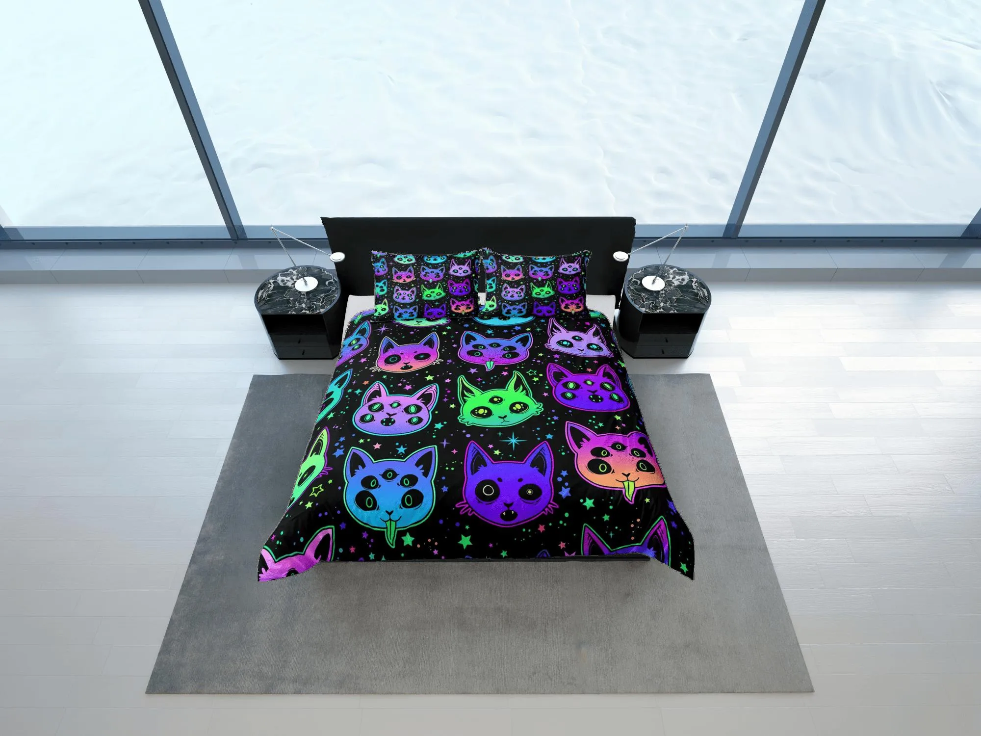 Witchy cat 90s neon halloween bedding hippie retro duvet cover set, colorful dorm bedding, teens bedroom, adult duvet, toddler bedding