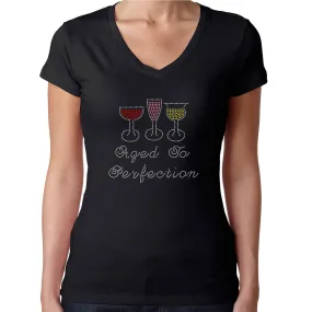 Womens T-Shirt Rhinestone Bling Black Fitted Tee Aged To Perfetion Wine Glasses