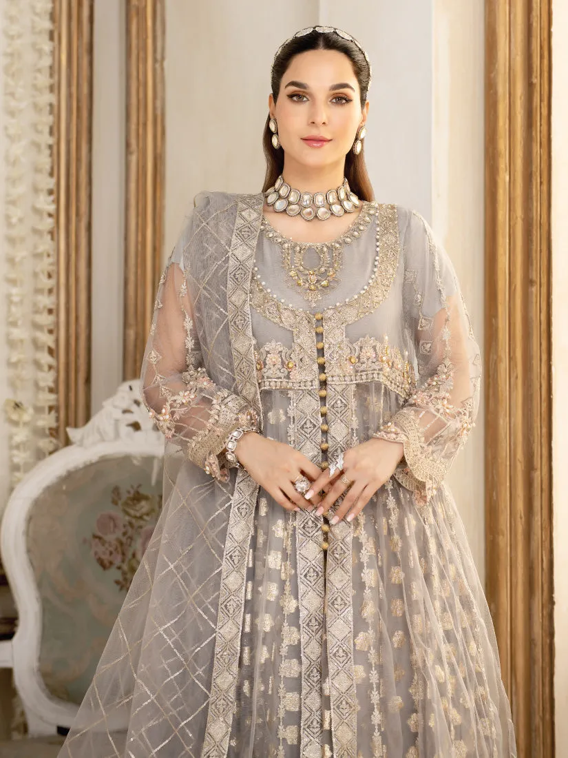 Zarqun Grey Soft Net Kalidar Maxi 3-Piece Suit